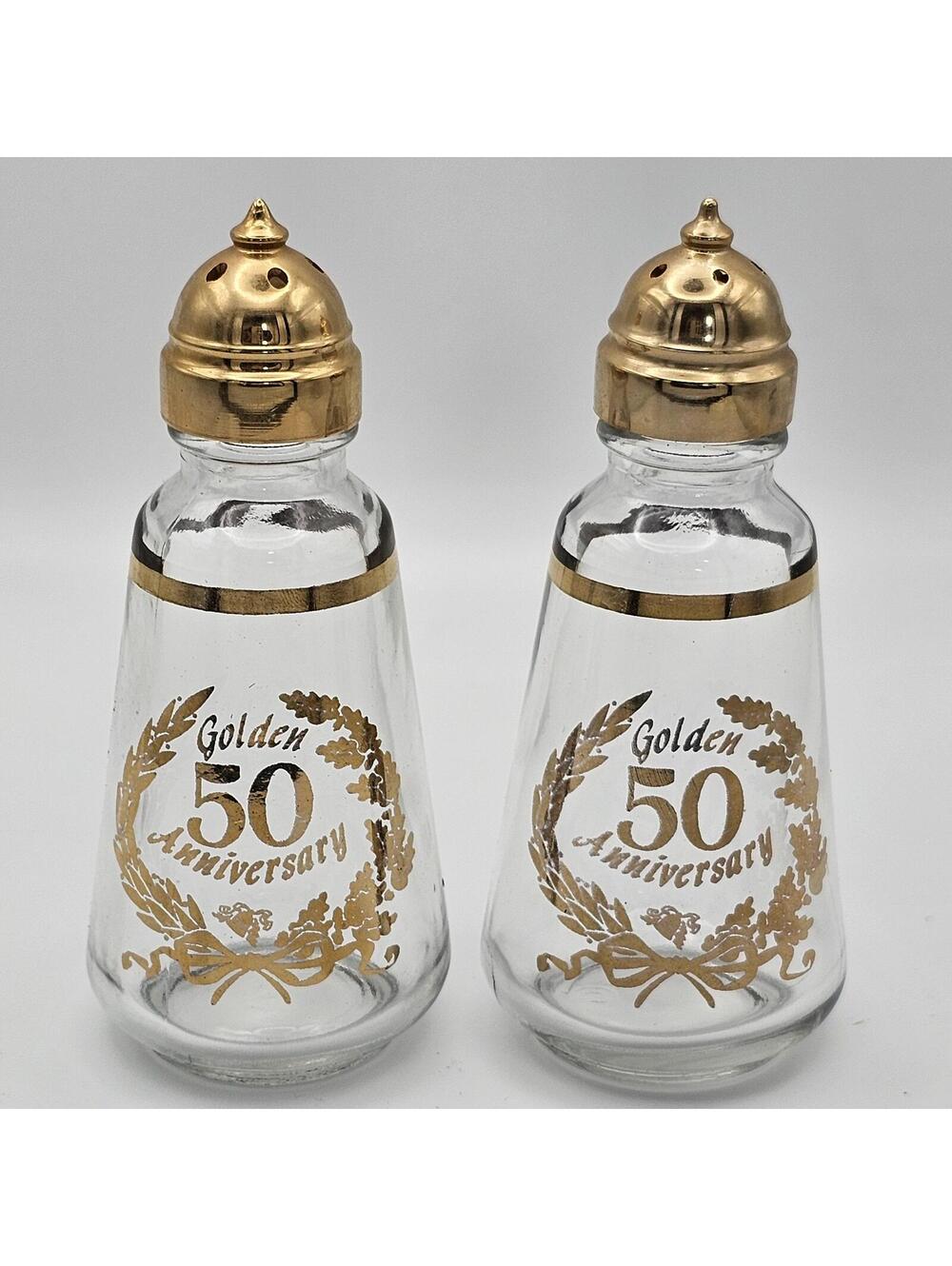Vintage Golden Anniversary Salt and Pepper Shakers, Retro Glass Table Decor